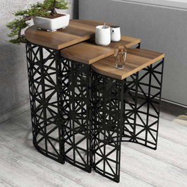 Hanah Home Stil Metal Ferforje - Juego de 3 mesas nido Nogal y Negro